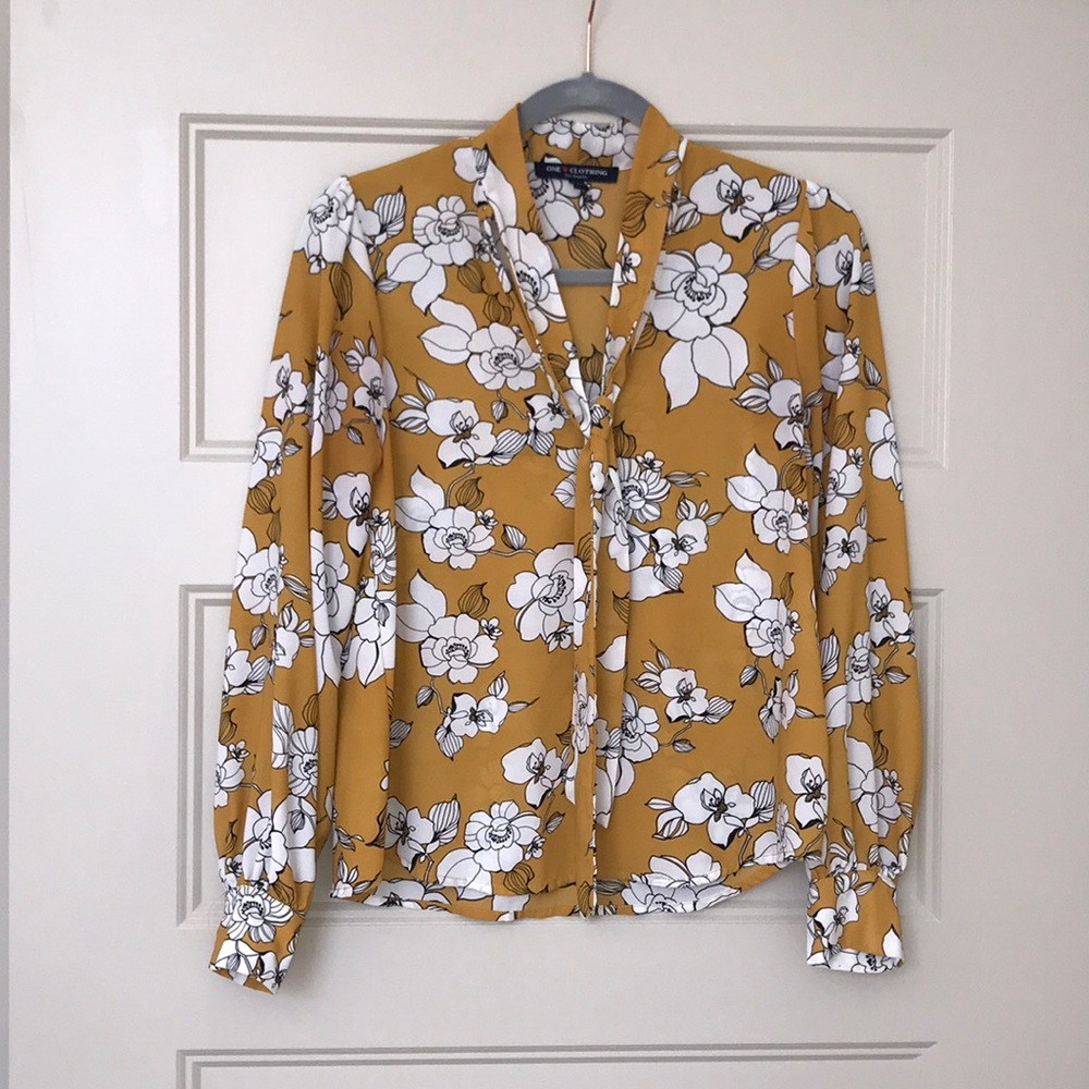 Floral Yellow Blouse with Front Tie Detail